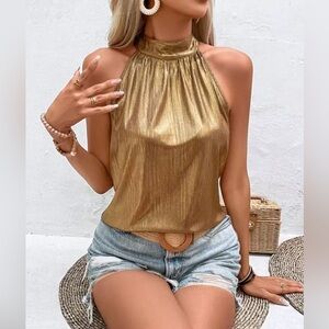 Gold Halter Neck Women Top